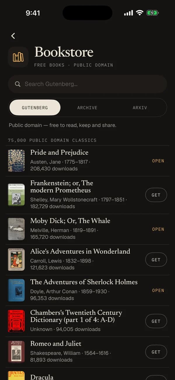 Yap's free bookstore listing public-domain classics from Project Gutenberg
