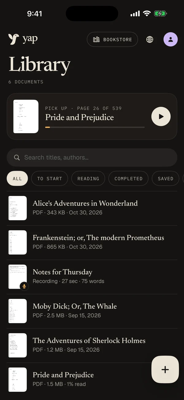 Yap's library with a pick-up card for Pride and Prejudice above the shelf