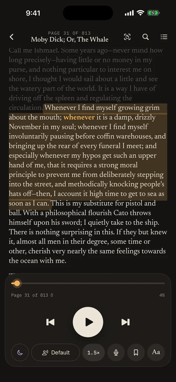 Yap reading Moby Dick aloud, the current sentence lit up and the spoken word in amber