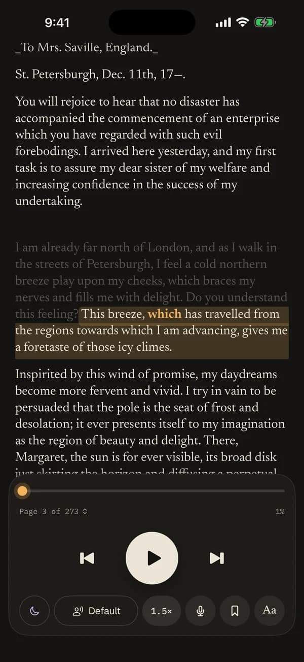 Yap reading Frankenstein aloud, with the sentence being spoken highlighted