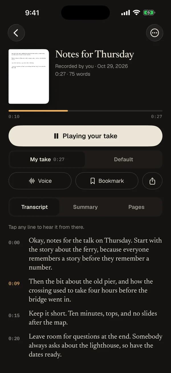 A saved voice recording in Yap: timestamped transcript lines, one playing back