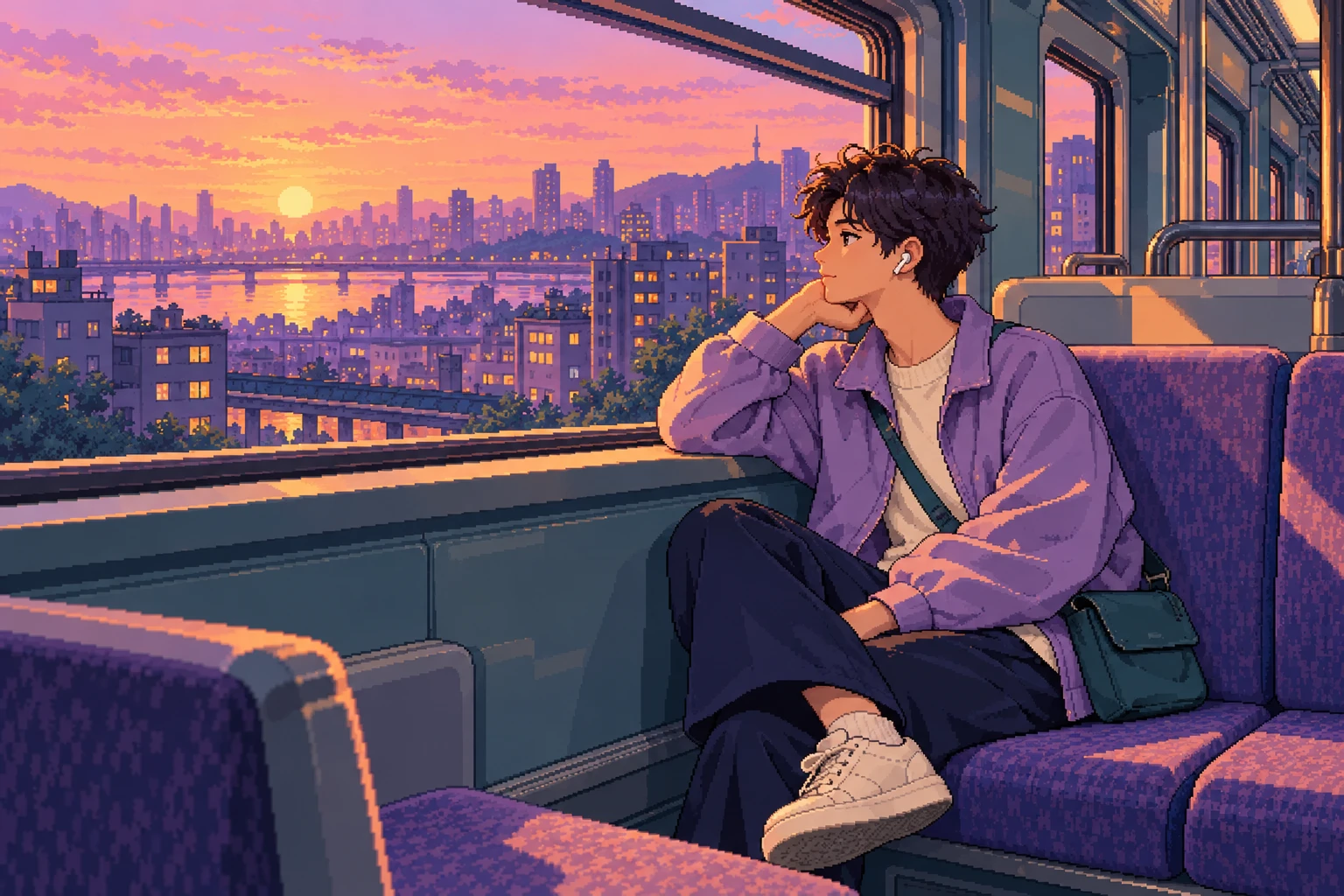 Pixel art: a commuter in a lavender jacket, one earbud in, watching a sunrise city from a train window