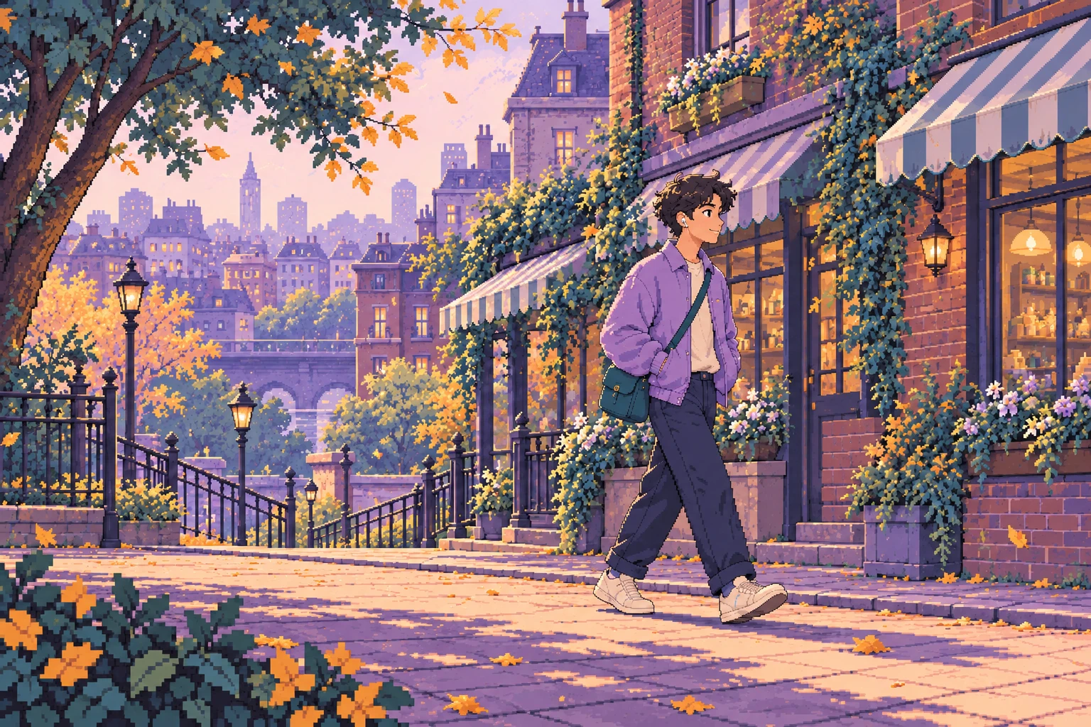 Pixel art: someone in a lavender jacket walking past ivy-covered brick shops as autumn leaves fall