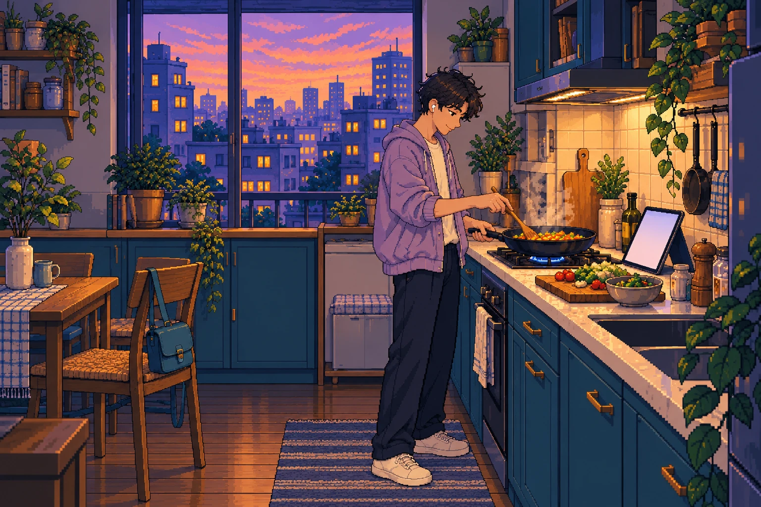Pixel art: someone stirring a pan in a cozy kitchen at dusk, an iPad propped on the counter