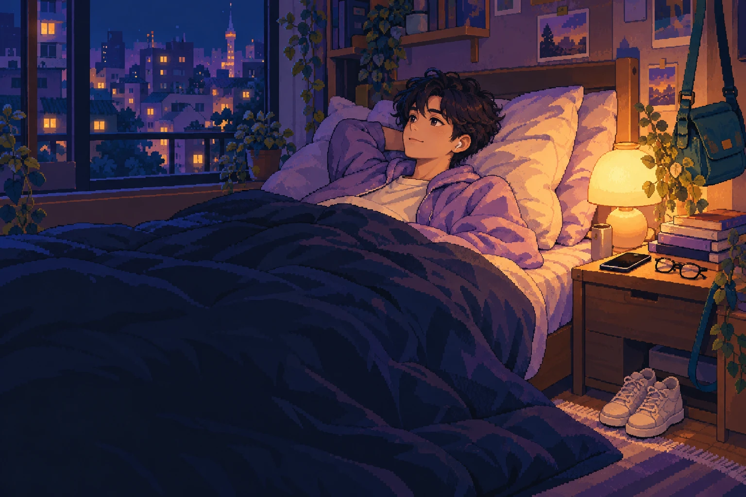 Pixel art: someone in bed by a warm lamp, books and glasses on the nightstand, the night city outside
